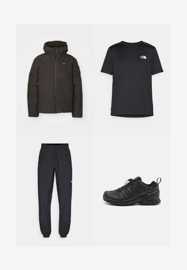 Black puffer jacket with a zip front, drawstring hood, and side pockets. Smooth texture and lightweight design for warmth.; Black short-sleeve T-shirt made from lightweight fabric. Features a small white logo on the left chest and subtle shoulder accents.; Black athletic pants made from lightweight fabric, featuring a drawstring waistband, side pockets, and tapered cuffs at the ankles.; Black athletic shoe with a textured synthetic upper, cushioned sole, and a quick-lacing system. Features a reinforced toe and heel.