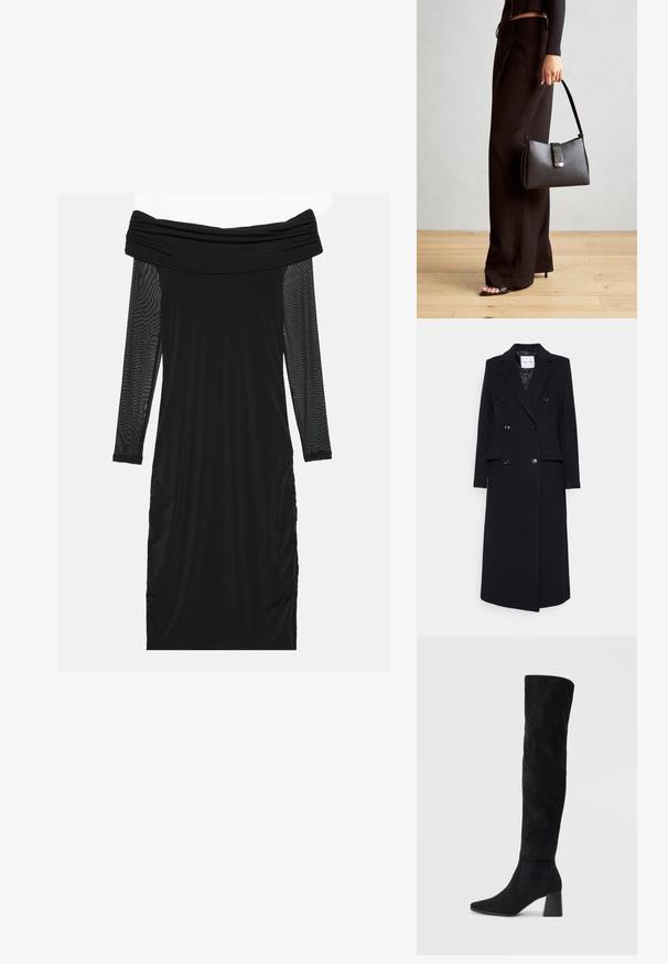Samsøe Samsøe Klasický kabát - black; Čierne šaty bez ramienok s dlhými priehľadnými sieťovanými rukávmi, nariasenými stranami, hladkým materiálom a priliehavým strihom.; Čierna semišová kozačka po kolená s blokovým podpätkom, špicatou špičkou a hladkým, bezšvovým dizajnom na jednoduchom svetlom pozadí.; Čierna kabelka so štruktúrovaným tvarom, hladkou textúrou a kovovou sponou. V kombinácii so širokými čiernymi nohavicami a sandálmi s otvorenou špičkou na drevenej podlahe.