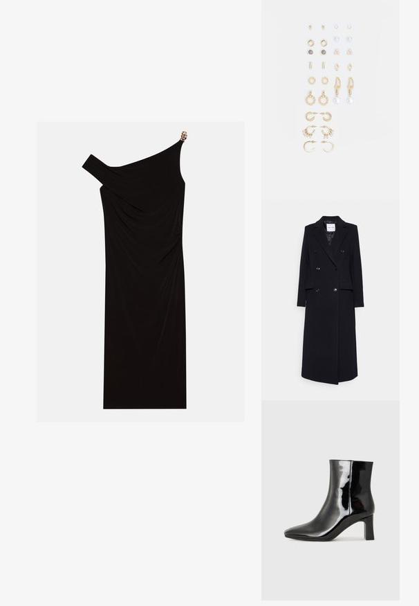 Samsøe Samsøe Klassinen takki - black; Musta yksiolkaiminen mekko, joka on valmistettu laskostetusta kankaasta ja jossa on kultainen yksityiskohta olkasaumassa, sileä pinta ja polvipituinen malli.; Musta patenttilakattu nilkkuri, jossa on terävä kärki ja keskipitkä lohkarekorko. Silkkinen pinta ja minimalistinen muotoilu.; Kultasetti kultaisenvärisiä korvakoruja, jotka sisältävät erilaisia muotoiluita, kuten nappikorviksia, rengaskorviksia ja roikkuvia korviksia, joissa on helmiä ja strasseja.