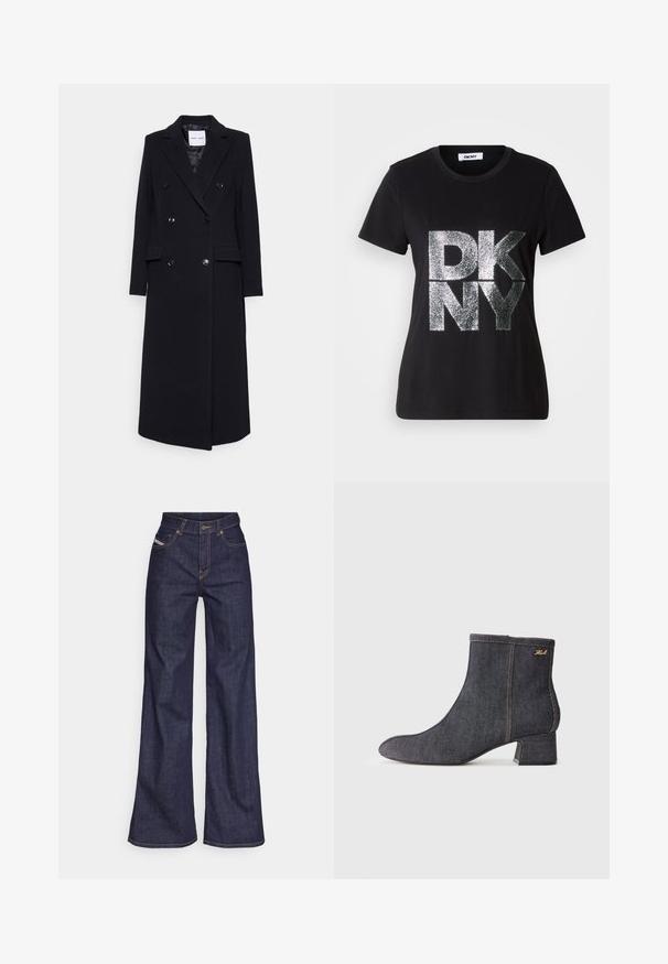 Samsøe Samsøe Klassinen takki - black; Musta, lyhythihainen T-paita, jossa on edessä suuret hopeanhohtoiset "DKNY"-kirjaimet ja pyöreä pääntie.; Tummansiniset leveälahkeiset farkut denimmateriaalista, joissa on korkea vyötärö. Niissä on oranssit tikkaus, viisi taskua ja napitus.; Tummansiniset nilkkurit, joissa on terävä kärki, korkea blokkikorko, näkyvät ompeleet ja hienovarainen brändilogo sivulla. Sileä tekstuuri.