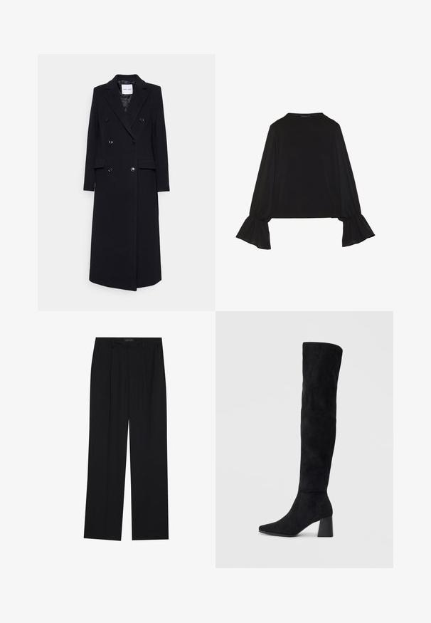 Samsøe Samsøe Klassisk kåpe / frakk - black; Svart langermet topp med utsvingte mansjetter, myk tekstur og avslappet passform, med enkel rund hals.; Sorte bukser med rette ben, som har to frontlommer og en talje. Laget av et glatt, lett stoff.; Sorte semskede knelang støvel med blokk-heelsk, spiss tå og glatt, sømløst design på en ensfarget lys bakgrunn.