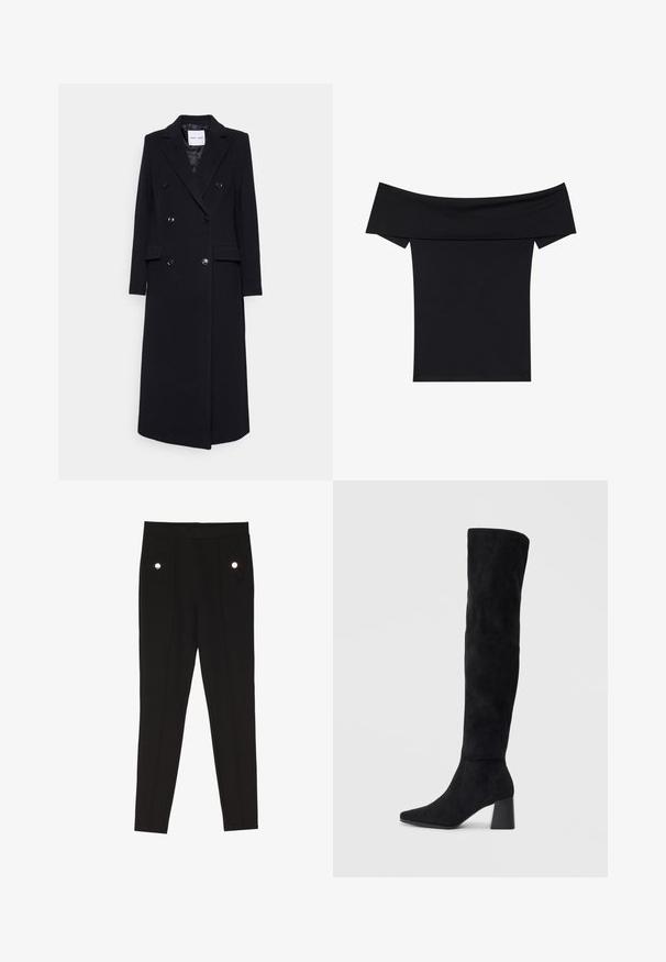 Samsøe Samsøe Cappotto classico - black; Top nero scoperto sulle spalle realizzato in morbido tessuto stretch. Presenta maniche corte e una silhouette aderente. Design semplice e senza cuciture.; Pantaloni neri su misura con una texture liscia, dotati di due tasche frontali con accenti di hardware decorativo e un design slim-fit.; Stivale in suede nero alto fino al ginocchio con tacco a blocco, punta affusolata e design liscio e senza cuciture su uno sfondo chiaro e semplice.