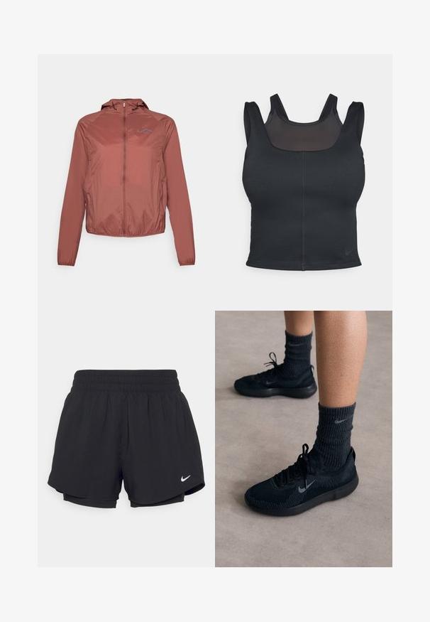 Lagani, burgundski vjetrovka s kapuljačom, punim patentnim zatvaračem, elastičnim manžetama i malim plavim logom na lijevoj strani prsnog koša. Glatka tekstura.; Crni sportski grudnjak s prilagođenim dizajnom, širokim trakama i mrežastim prekrivačem sprijeda. Glatka tekstura i minimalni šavovi. Nike logo na rubu.; Crne sportske kratke hlače s naboranom elastičnom trakom u struku, podstavljene, s bijelim Nike logom na donjoj lijevoj strani. Glatka, lagana tkanina.; Crne Nike tenisice s teksturiranim pletenim gornjim dijelom, sivi swoosh logo, uparene s tamnim rebrastim čarapama. Ravni gumeni potplat.