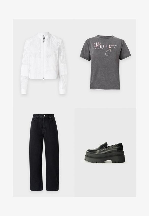 Marc Cain Bomber Jacket - white; Grey cotton T-shirt with a round neck and short sleeves, featuring a pink cursive "Hugo" logo across the chest. Soft texture and casual design.; High-waisted, straight-leg black denim jeans with five pockets, metal rivets, and tonal stitching. Smooth texture, minimalistic design.; Black leather loafers with a chunky platform sole. Rounded toe, front seam detail, and subtle stitching accents. Flat, textured outsole.