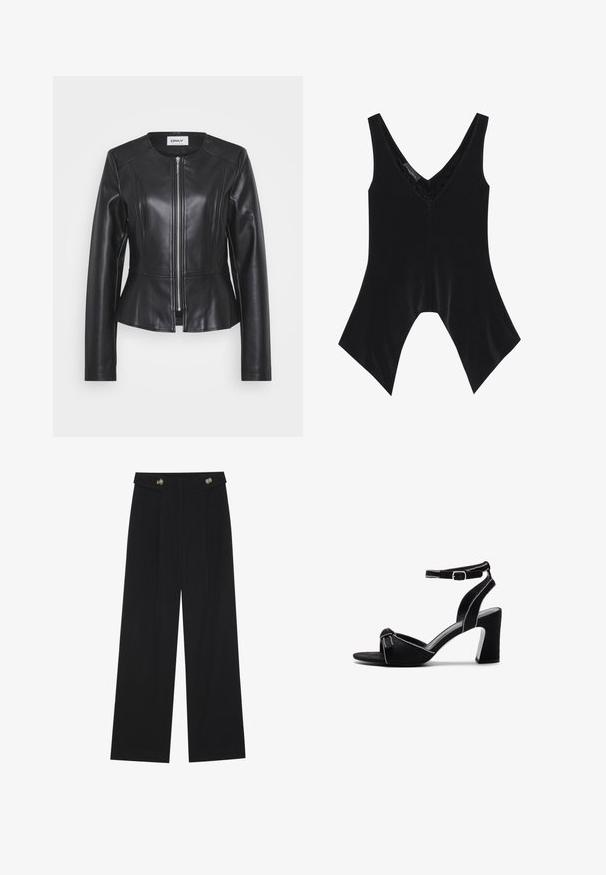 Juodas odinis švarkas su prigludusiu dizainu, aukštu kaklu ir ilgomis rankovėmis. Yra priekinis užtrauktukas ir siūlių detalės. Pabrėžta peplumo juosmeninė dalis.; Juodas be rankovių viršus su V formos iškirpte, su nėrinių detalėmis iškirptėje ir išskirtiniu platėjimu apačioje. Pagamintas iš švelnios, lygaus audinio.; Juodi plačios kojos kelnės su aukštu liemeniu, sagų detalėmis ant liemens ir priekinėmis raukšlėmis.; Juodos zomšos aukštakulniai sandalai su plačia blokine pakulne, reguliuojama kulkšnies juosta, atvira pirštų dalimi ir kontrastinga siuvimo detalėmis.