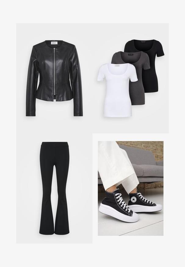 Must näidis mustast nahkajakist, millel on sobiv disain, kõrge kaelus ja pikad varrukad. Esiküljel on lukuga tasku ning õmbluste dekoor. Peplum vöökoht rõhutab figuuri.; Kolm mugavat T-särki valges, hallis ja mustas värvitoonis. Igal särgil on lai madal kaelus ja lühikesed varrukad. Valmistatud siledast, venivast kangast.; Mustad flared püksid venivast kangast, kõrge vöökoht ja sile tekstuur. Püksid laienevad põlve kohalt.; Mustad musträgiga kõrge vars sneakerid valgete kummist tallade ja paeltega. Küljel on ringikujuline logo ja kontrastne valge õmblus.