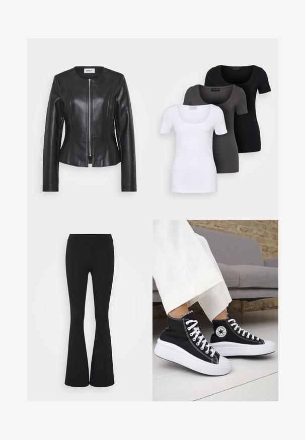 Črna usnjena jakna z oprijeto zasnovo, visokim izrezom in dolgimi rokavi. Ima sprednji zadrgo in šivane detajle. Poudarek na peplum pasu.; Tri prilegla majica v beli, sivi in črni barvi. Vsaka ima širok izrez na vratu in kratke rokave. Narejene so iz gladkega, raztegljivega materiala.; Črne hlače s širokimi hlačnicami, izdelane iz raztegljive tkanine, z visokim pasom in gladko teksturo. Hlače se širijo od kolena navzdol.; Črni visoki supergi z belimi gumijastimi podplati in vezalkami. Na njih je okrogel logotip in kontrastno belo šivanje. Iz blaga platna.