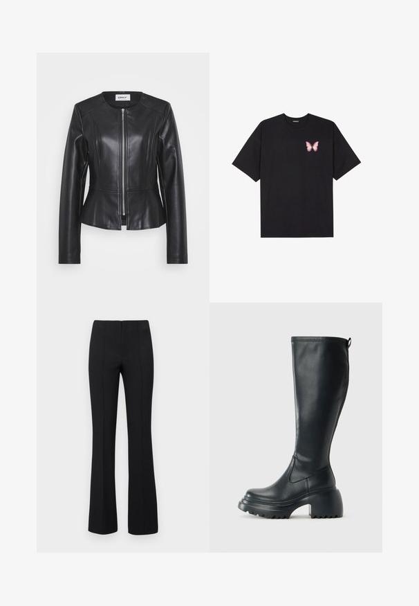 Giubbotto in pelle nera con design aderente, colletto alto e maniche lunghe. Presenta una zip frontale e dettagli delle cuciture. Vita a peplo accentuata.; T-shirt nera in cotone con maniche corte, caratterizzata da una piccola grafica di una farfalla rosa sul lato sinistro del petto. Design a girocollo con una vestibilità rilassata.; Pantaloni neri a zampa d'elefante con una texture a coste e vita aderente. Il design presenta cuciture verticali per un aspetto snello. Nessun hardware visibile.; Stivale lungo in pelle nera con suola piatta robusta e tacco a blocco, dotato di linguetta e battistrada testurizzato sulla suola.