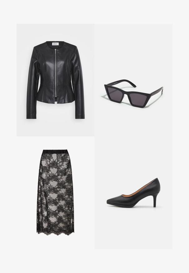 Veste en cuir noir au design ajusté, avec un col haut et des manches longues. Comprend une fermeture éclair à l'avant et des détails de coutures. Accent au niveau de la taille peplum.; Haut à col roulé noir, manches courtes, design ajusté, texture douce, coutures minimales et un col montant.; Jupe en dentelle noire avec un ourlet festonné, ornée d'un motif floral et d'une texture transparente. Ceinture élastique pour un port confortable.; Chaussure à talon haut en cuir noir avec un orteil pointu, texture lisse et un talon stiletto modéré. Pas de motifs ou d'embellissements visibles.; Lunettes noires angulaires avec des verres gris ; fabriquées en plastique, avec des branches épaisses à la surface lisse et sans matériel visible.