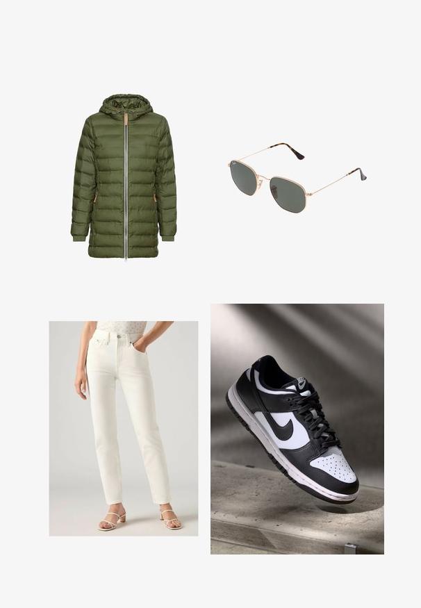Olivgrüne Pufferjacke mit Kapuze, durchgehendem Reißverschluss, Seitentaschen, gerippten Bündchen und einem gesteppten Designmuster.; Helle beigefarbene Rundhalsausschnitt-Strickjacke aus weichem Strickstoff. Mit langen Ärmeln und gerippten Bündchen, in lockerer Passform und minimalistischem Design.; Weiße hoch taillierte Jeans mit geradem Schnitt, ausgestattet mit vorderen Taschen, einem Knopfverschluss und glattem Denimstoff. Getragen mit hellen Sandalen.; Schwarz-weißer Nike Dunk Low Sneaker mit Lederobermaterial, perforiertem Zehenbereich und schwarzen Schnürsenkeln, ausgestattet mit einer weißen Sohle und Logo-Akzenten.; Goldfarbene Metallrahmen-Sonnenbrillen mit dunkelgrünen Gläsern im Pilotenstil, mit schlanken Bügeln und Schildpatt-Akzenten an den Spitzen.