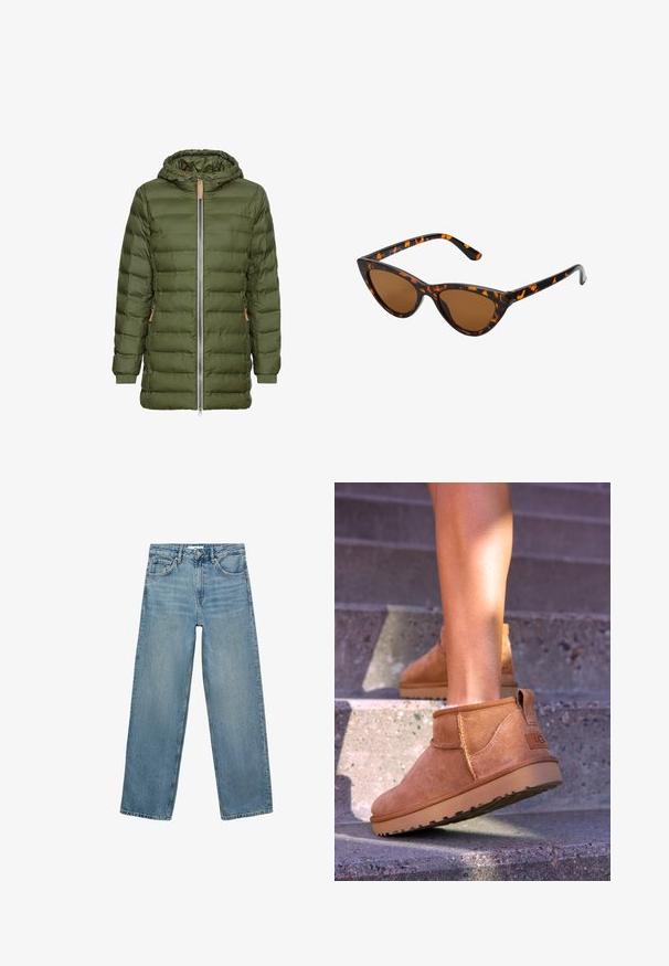 Olivegrøn pufferjakke med hætte, fuld lynlås, sidelommer, ribbede manchetter og et quiltet mønster.; Beige rullekrave sweater lavet af blødt stof, med ribbet krave og kanter, afslappet pasform og lange ærmer. Glat tekstur, minimal design.; Lyseblå denim jeans med lige ben, høj talje, fem lommer og kontraststing. Ingen dekorationer eller mønstre er til stede.; Tan ruskind ankelstøvler med en blød tekstur, stikninger og en gummisål, der har en løkkehælkappe for nem på- og aftagning.; Kat-ejede solbriller med en sort og orange skildpaddemønstret stel, brune linser og slanke, spidse ender. Har et minimalistisk logo på skabelsen.