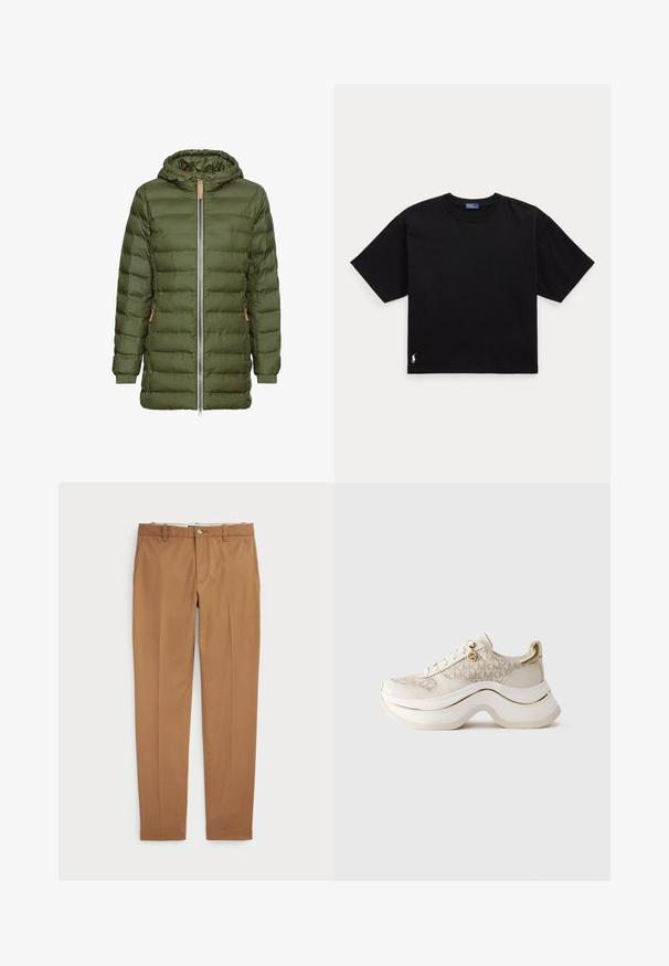 Olijfgroene pufferjack met capuchon, volledige rits, zijzakken, geribbelde manchetten en een quiltontwerp.; Zwarte katoenen T-shirt met korte mouwen, ronde hals en een klein wit logo op de linker benedenkant. Klassieke, rechte pasvorm met minimale details.; Bruine katoenen broeken met een slim-fit ontwerp, vlakke voorkant en standaardzakken; gladde textuur en afgewerkte manchetten.; Beige en gouden platform sneaker met "MK" patroon, vetersluitingen aan de voorkant, gouden bedel en dikke golvende zool tegen een effen achtergrond.