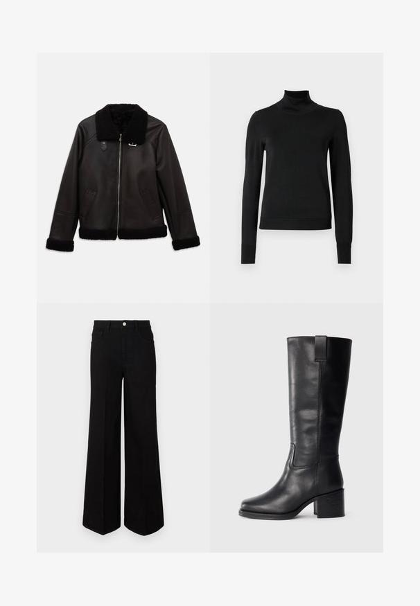 Black leather jacket with a faux shearling collar and cuffs. Features a front zipper and side pockets. Smooth texture with minimalist design.; Black long-sleeve turtleneck sweater with ribbed cuffs and hem, displayed on a plain white background.; Black wide-leg jeans made of sturdy fabric, featuring a high waist, front pockets, and a front button closure. Flat hem at the bottom.; Black leather knee-high boots with a smooth texture, square toe, block heel, and side pull tab, featuring minimal stitching details.