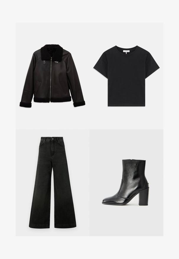 Crna kožna jakna s umjetnim ovčjim krznom na ovratniku i manžetama. Ima prednji zip i bočne džepove. Glatka tekstura s minimalističkim dizajnom.; Crna skraćena majica od pamuka, s okruglim izrezom, kratkim rukavima i jednostavnim dizajnom bez uzoraka ili ukrasa.; Traperice visokog struka i širokih nogavica u tamno crnoj traperskoj tkanini. Imaju kopčanje na gumbe, prednje džepove i glatku teksturu s minimalnim izblijedjivanjem.; Crna kožna čizma do gležnjeva s glatkom teksturom, špicastim vrhom i debelim visokim potpeticama. Ima bočni otvor i minimalistički dizajn.