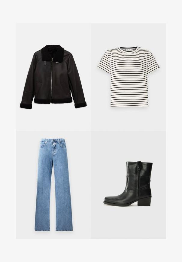 Black leather jacket with a faux shearling collar and cuffs. Features a front zipper and side pockets. Smooth texture with minimalist design.; Cotton short-sleeve T-shirt with a crew neckline, featuring black vertical stripes on a white background and a straight cut design.; Light blue denim jeans with a wide-leg design, five pockets, belt loops, and a button closure. The fabric has a smooth texture.; Black leather ankle boot with a rounded toe, block heel, side zipper, and stitching accents on the vamp. Smooth texture, classic design.