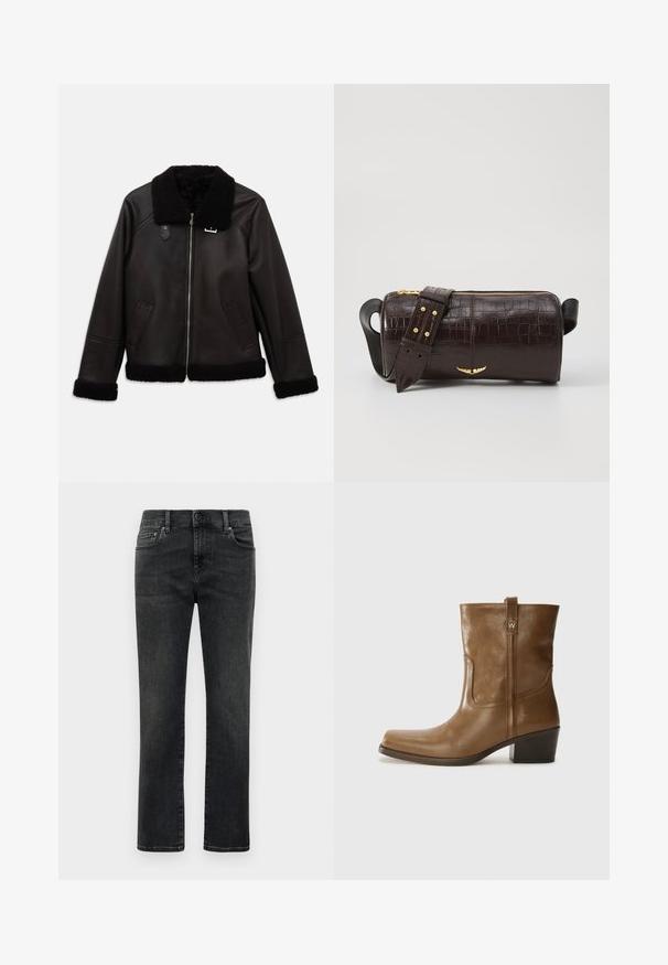 Giacca di pelle nera con colletto e polsini in ecopelliccia. Presenta una chiusura frontale con zip e tasche laterali. Texture liscia con design minimalista.; Maglietta bianca a maniche lunghe con collo a giro e un piccolo etichetta "Tiger of Sweden" al collo su uno sfondo uniforme.; Jeans neri sbiaditi a gamba dritta da uomo con bottone anteriore e design a cinque tasche su sfondo bianco puro.; Stivale alla caviglia in pelle marrone con punta quadrata, finitura testurizzata e tacco basso incassato. Dotato di un pratico tassello posteriore e dettagli di cucitura sottili.; Borsa in pelle stampata a coccodrillo marrone con forma cilindrica, accessori in tonalità oro e una tracolla staccabile con borchie.