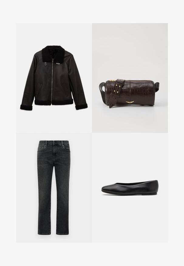 Veste en cuir noir avec un col et des poignets en fausse fourrure. Dotée d'une fermeture éclair à l'avant et de poches latérales. Texture lisse avec un design minimaliste.; Chemise à manches longues blanche avec un petit label "Tiger of Sweden" au niveau du col, sur un fond uni.; Jeans noires délavées pour homme, coupe droite, avec bouton frontale et design à cinq poches sur fond blanc simple.; Paul Smith TOPANGA - Ballerines - black; Sac en cuir embossé crocodile marron avec une forme cylindrique, quincaillerie dorée et une bandoulière détachable ornée de clous.