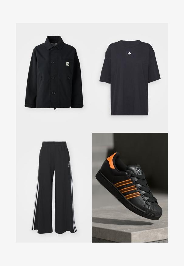 Svart jakke laget av solid stoff med rett snitt, med knappestolpe foran, sidelommer og en brystlomme med et logo-patch.; Svart bomull T-skjorte med korte ermer, rund halslinje, med en hvit Adidas-logo på brystet. Enkel design, avslappet passform.; Svart vide joggebukser med elastisk midjebånd, med hvite sidestriper og brodert logo på venstre lår.; Svart sneaker med oransje detaljer, tre horisontale striper, teksturert skinnoverdel, gummitå, og svarte lisser.