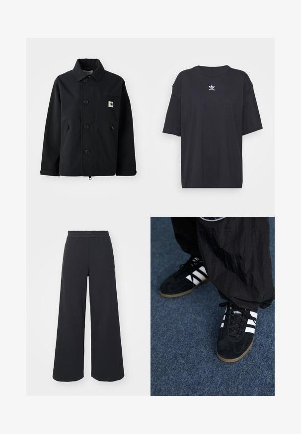 Crna jakna izrađena od čvrstog materijala s ravnim krojem, s prednjim kopčanjem na dugmad, bočnim džepovima i prsnom džepu s logotipom.; Crna pamučna majica kratkih rukava, okruglog izreza, s bijelim Adidas logom na prsima. Jednostavan dizajn, opušteni kroj.; Crne široke sweatpants hlače napravljene od mekog materijala, s elastičnim strukom i malim logotipom s lijeve strane.; Crne zimske sportske tenisice odsuede s tri bijele pruge i crnim vezicama. Texturirane crne hlače djelomično su vidljive uz tenisice.