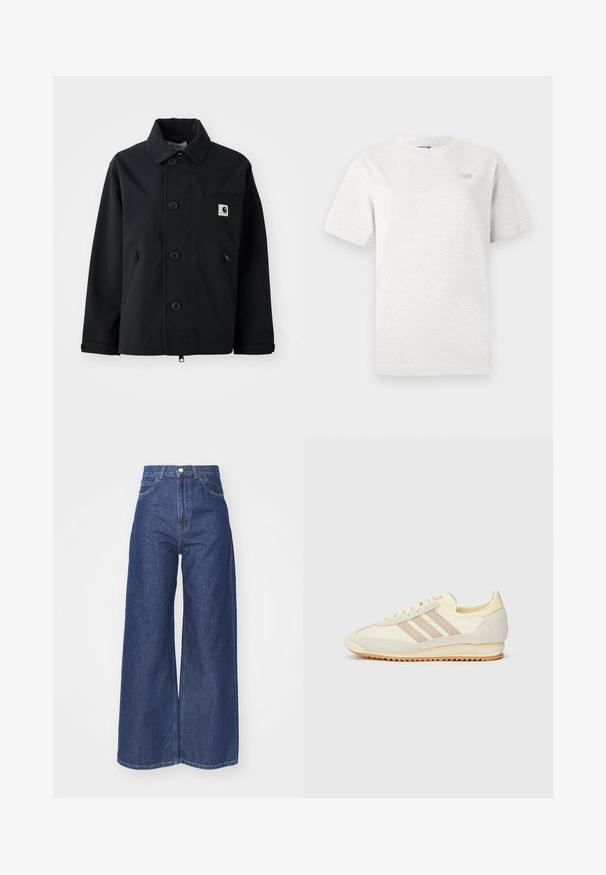 Zwarte jack gemaakt van stevig materiaal met een rechte snit, voorzien van een knoopsluiting aan de voorkant, zijzakken en een borstzak met een logopatch.; Grijze T-shirt met korte mouwen van zachte katoen, met een ronde halslijn en een klein logo op de linkerborst.; Wijd-uitlopende jeans van donkerblauwe denim. Hoge taille met een ritssluiting en knoopsluiting. Bevat klassieke vijf-pocket styling en gezoomde randen.; Crème sport sneaker met drie beige strepen, suède en textielmaterialen, een gestructureerde zool en geperst logo op de hiel.