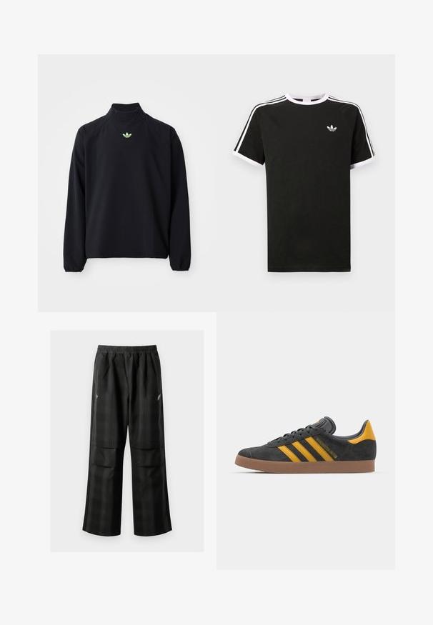 Melna džemperis ar garām piedurknēm, augstu apkakli un elastīgām aprocēm. Uz krūtīm ir neliels zaļš logo. Gluda, viegla auduma struktūra.; Melna kokvilnas T-kreklu ar baltajiem akcentiem. Iezīmes īsas piedurknes, raglanu dizains un mazs logo uz krūšu. Trīs baltas svītras uz pleciem.; Melnas kvadrātveida bikses ar elastīgu jostu, divām priekšējām kabatām un brīvu piegriezumu ar taisnām kājām. Izgatavotas no viegla materiāla.; Melnas zamšādas kedas ar dzelteniem akcentiem, kurām ir trīs svītras un brūna gumijas zole. Iekļauta mīksta valkāšanas tongue komfortam.