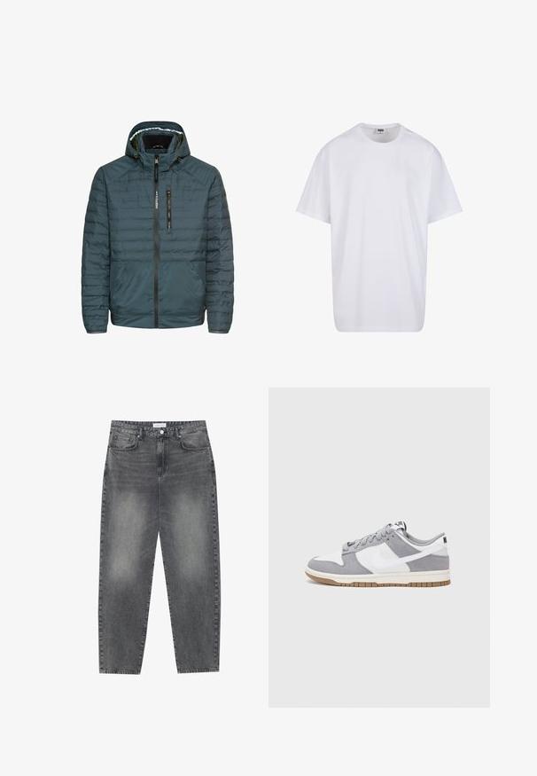 Padded-Jacke in Dunkeltürkis, mit Kapuze, Frontreißverschluss, Reißverschlusstasche auf der Brust und elastischen Bündchen. Glattes, strukturiertes Material.; Weiße Baumwoll-T-Shirt mit kurzen Ärmeln, rundem Ausschnitt, lockerer Passform und ohne sichtbare Logos oder Muster. Glatte Textur und minimalistisches Design.; Hoch taillierte, locker sitzende Jeans aus verwaschenem schwarzem Denim. Verfügt über fünf Taschen, Gürtelschlaufen und ein sauberes, gerades Bein-Design.; Graue und weiße Sneaker mit einem Obermaterial aus Wildleder und Leder, abgerundeter Spitze, flachen Schnürsenkeln und einer Gummisohle mit einem Kautschukakzent.