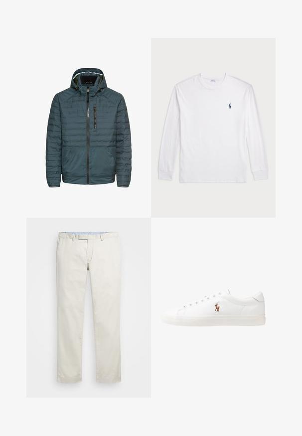 Gewatteerde jas in donkerteal, met capuchon, ritsluiting aan de voorkant, ritsborstzak en elastische manchetten. Glad, getextureerd materiaal.; Witte lange mouwen T-shirt gemaakt van katoen. Heeft een ronde halslijn, ribbelmanchetten en een klein marineblauw polo-logo op de linkerkant van de borst.; Beige katoenen chino's met een rechte pasvorm, riemlussen en zijzakken. Recht model met een gladde textuur en een lichte, ademende gevoel.; Witte leren sneakers, laag model, met een gladde textuur, ronde neus, vetersluiting aan de voorkant en een klein geborduurd logo aan de zijkant.