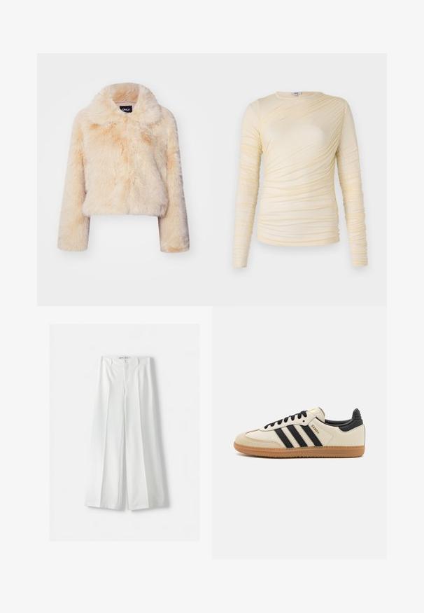 Jachetă scurtă din blană sintetică de culoare bej deschis, cu un guler larg și mâneci lungi, având o textură moale și pufoasă, fără închideri vizibile.; Top crem cu mâneci lungi, cu textură plisată și o siluetă ușor ajustată. Material moale, cu decolteu rotund și cusături netede.; Bershka WIDE-LEG TAILORED - Pantaloni - white; Pantofii sport bej cu dungi negre, talpă din cauciuc caramel și accente negre. Prezintă un partea superioară din piele netedă și un design cu vârf rotunjit.