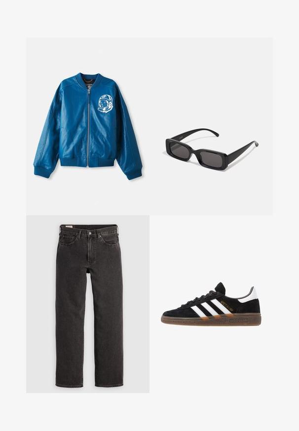 Modrá kožená letecká bunda s žebrovaným límcem, síťovými detaily na rukávech a bílou grafikou astronauta na přední části. Zapínání na zip.; Bílé tričko s krátkým rukávem vyrobené z bavlny s kulatým výstřihem a volným střihem. Bez viditelných vzorů nebo zdobení. Jednoduchý design.; Černé džíny z denimu se střihem rovného nohu, pěti kapsami a kovovými doplňky. Tkanina má jemnou strukturu a jednobarevný finiš.; Černé tenisky Adidas se bílými pruhy, zlatým textem "Spezial", gumovou podešví a bílou patní částí, zobrazené v bočním pohledu.; Černé obdélníkové sluneční brýle s tmavými skly, lesklým povrchem, širokými ramínky a robustním designem rámu. Vytlačený název značky na jednom ramínku.