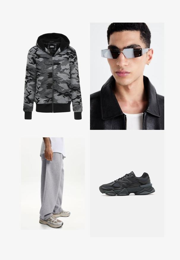 Hooded zip-up sweatshirt in grijs camouflagepatroon. De stof heeft een zachte textuur met een zwart fleece-voering aan de binnenkant en ribgebreide manchetten.; Zwarte hoodie met een kangoeroe-pocket, trekkoord kap en korte mouwen met verlengde ontwerpdetails. Gemaakt van zachte, gestructureerde stof.; Zwarte T-shirt met korte mouwen, gemaakt van katoen, met een ronde halslijn en een ontspannen pasvorm. Gladde textuur met minimale stikdetails.; Grijze sweatpants van zachte stof, met een losse pasvorm en een elastische tailleband. Gecombineerd met beige en grijze sportschoenen.; Zwarte hardloopschoen met een mix van mesh en synthetische materialen, een stevige zool, gebogen ontwerp en prominente branding op de zijkant.; Hoekige, grijsgetinte zonnebril met zilveren accenten, tegen een lichte achtergrond. De lenzen hebben een unieke geometrische vorm.