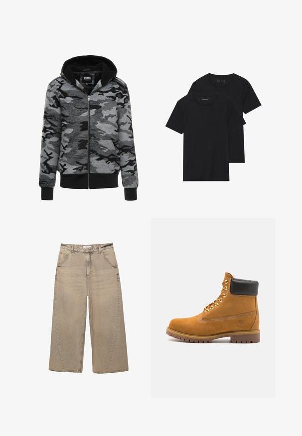 Mikina s kapucí a zipem v šedém maskáčovém vzoru. Materiál má měkkou texturu, černou fleecovou podšívku a žebrované manžety.; Dvě černé bavlněné tričko s krátkým rukávem, kulatým výstřihem a hladkou texturou, vystavené naskládané k sobě.; PULL&BEAR MEGA BAGGY - Baggy džíny - light grey; Hnědé semišové kotníkové boty s černým polstrovaným límcem, zlatými kovovými očky, bílým prošíváním a odolnou gumovou podrážkou s výraznými drážkami.