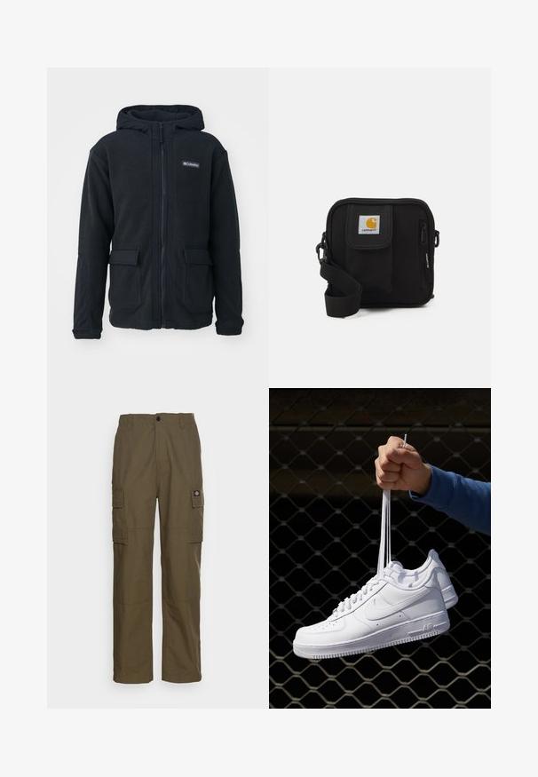 Columbia LANDROAMER™ FLEECE - Casaco polar - black; Camiseta branca de manga curta feita de algodão, apresentando um decote redondo e uma textura suave, com um corte reto e sem padrões.; Calças cargo em verde oliva, feitas de um tecido resistente. Apresentam dois bolsos laterais, uma cintura padrão e um corte de perna reta.; Sapatilhas de couro branco com perfurações, biqueira redonda, sola plana e atacadores grossos, apresentando um logotipo swoosh visível e "AIR" no calcanhar.; Bolsa transversal preta com um compartimento principal com fecho éclair, bolso frontal, alça ajustável e um logotipo visível na aba.