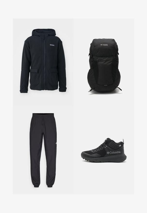 Columbia LANDROAMER™ FLEECE - Fliisjakk - black; Must mustaöödiga must T-särk, mis on valmistatud kerge riidekanga. Esiküljel on vasakul rinnal väike valge logo ning õlgadel on peened aktsendid.; Mustavad sportlikud püksid, mis on valmistatud kergest kangast, joonlauaga taljest, küljetaskudega ja kitsenevate varrukatega pahkluude juures.; Mustad matkasussid, millel on võrgust ülemine osa, tekstuursed detailid, pehme tallaga ja silmapaistev logo. Omavad kindlat nööri süsteemi ja tõmbenööri.; Must musta, ümber ringi geomeetrilise pealisega, valmistatud vastupidavast kangast. Omab külgmisi võrkpinke ja vihmakaitse sildiga all.