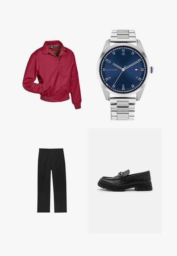 Červená prošívaná bunda na zip s kostkovanou podšívkou. Má límec, elastické manžety a postranní kapsy. Vyrobena z hladkého, lehkého materiálu.; Sada osmi černých bavlněných triček s krátkým rukávem a kulatým výstřihem, s jednoduchým designem a jemnou texturou.; Černé kalhoty s rovnými nohavicemi, vyrobené z hladké tkaniny. Mají přední záhyby a jedno knoflíkové zapínání v pase.; Černé kožené mokasíny s kulatou špičkou, dekoračním páskem a kovovými prvky, a masivní texturovanou podrážkou. Hladký povrch s jemnými detaily.; Stříbrné kovové hodinky s broušeným modrým ciferníkem, bílými hodinovými indexy a zobrazením data. Mají spojený kovový pásek a logo značky.