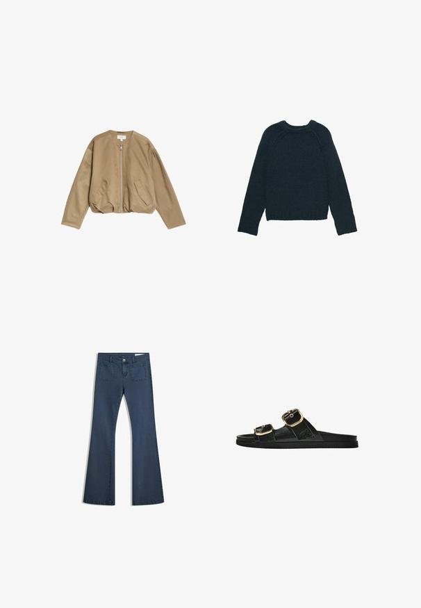 Béžová bomber bunda vyrobená z hladkého, lehkého materiálu, s předním zipem, dvěma postranními kapsami a kulatým výstřihem s spadlými ramenními švy.; Tmavě zelený pletený svetr s kulatým výstřihem, dlouhými raglánovými rukávy a vroubkovanými manžetami a lemem. Texturovaný povrch s volným střihem.; Tmavě modré rozšířené džíny z denimu s prošitými kapsami, zapínáním na knoflík a hladkým povrchem. Obsahují klasický design s pěti kapsami.; Černé kluzné sandály s dvěma zlatými sponami, hladkým texturovaným materiálem, plochou podrážkou a minimalistickým designem.