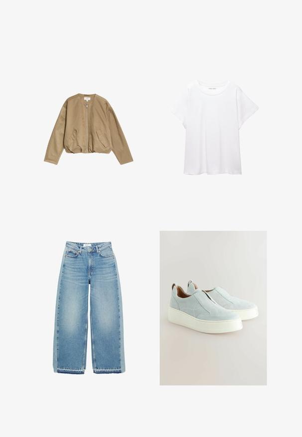 Tan bomberjack gemaakt van een gladde, lichte stof, met een rits aan de voorkant, twee zijzakken en een ronde halslijn met verzakte schouders.; Witte T-shirt van zacht, lichtgewicht stof. Heeft een ronde halslijn en korte, brede mouwen met een ontspannen pasvorm. Geen zichtbare patronen.; Lichtblauwe wijde denim jeans met een hoge taille, knoopsluiting, voorzakken en een onafgewerkte zoom.; Lichtblauwe suède instappers met een dikke witte zool, voorzien van zijstiksels en een trekloop aan de hiel voor gemakkelijk aan- en uittrekken.