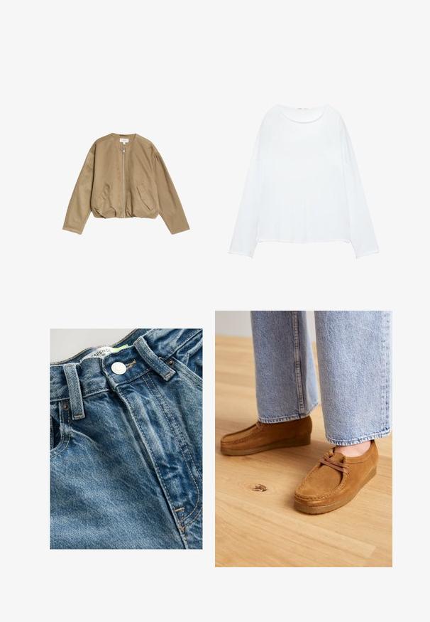 Béžová bomber bunda vyrobená z hladkého, lehkého materiálu, s předním zipem, dvěma postranními kapsami a kulatým výstřihem s spadlými ramenními švy.; Bílý dlouhý rukáv top vyrobený z hladké tkaniny. Má kulatý výstřih, spadlé ramena a volný střih s mírně zakřiveným lemem.; Denimové džíny mají světle modrou barvu s detaily whiskeringu. Pas obsahuje kovový knoflík a viditelné švy podél švů.; Hnědé semišové boty s kulatou špičkou a světle hnědou gumovou podrážkou, s jednoduchým šněrováním, spárované s světle modrými denimovými kalhotami.