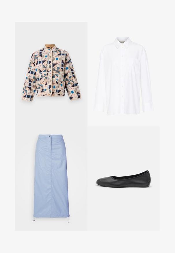 Quilted jacket in beige, featuring a patchwork pattern with floral and geometric designs in navy, blue, and cream. Includes two front pockets.; White long-sleeve collared shirt made of cotton. Features a button-down front and a single chest pocket. Smooth texture, relaxed fit.; Light blue, mid-length skirt made of smooth, lightweight material with a straight cut, features a front button closure and drawstring hem.; Black leather ballet flat with a rounded toe, smooth texture, minimal stitching detail, and a flexible sole design.