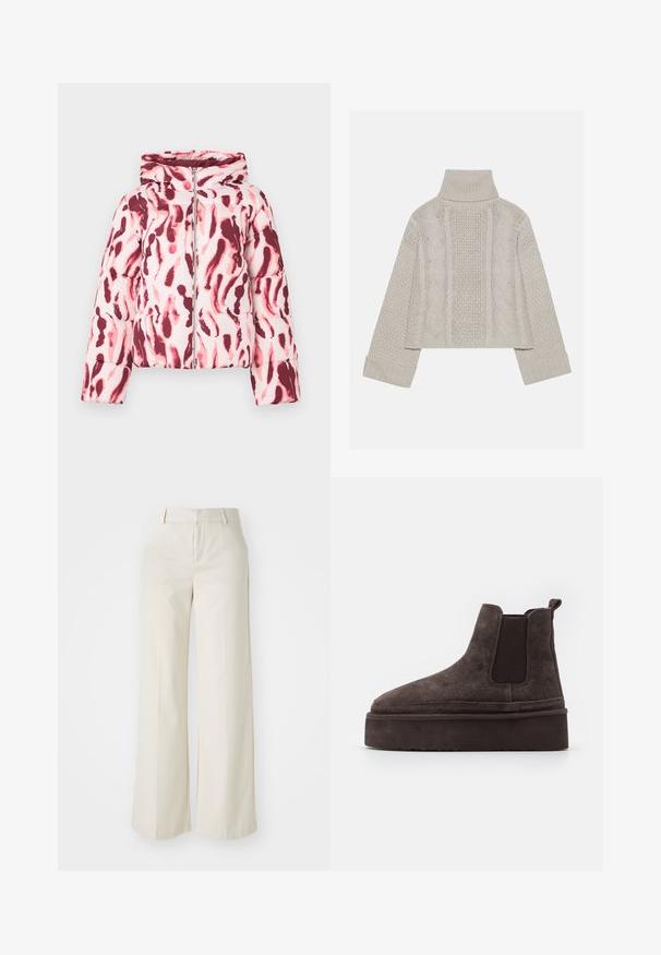 Polsterjakker, mille roosa ja burgundi abstraktne muster, kapuutsiga ja esisepp, valmistatud siledast, kergest kangast.; Lühendatud, heledast hallist kudumist valmistatud sviiter kõrge kraega ja ribidega mansettidega, millel on tekstuursed nööri mustrid seljal ja külgedel.; Laiad püksid helesbežis värvitoonis, valmistatud siledast kangast. Omavad klassikalist vööd ja siledat fronti puhaste joontega.; Pruunid suede Chelsea saapad elastsete külgpaneelidega ja paksu, tekstureeritud platvormitald. Omab kandmismugavuse jaoks kandaabi kandmisel.