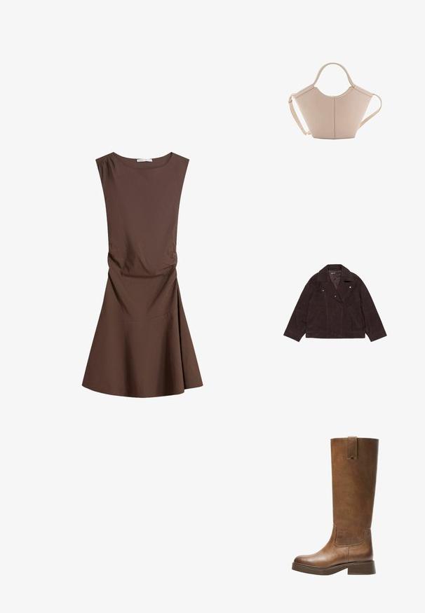Rjava semianjska usnjena jakna s širokim ovratnikom, srebrnimi pritisnimi gumbi in dvema sprednjima žepoma. Ima sproščen kroj in gladko teksturo.; Brezrokavni rjav obleko do kolen z okroglim izrezom in rahlim stranskim gubanjem, razširjenim krilom na enobarvni beli podlagi.; Bralne usnjene škornje do kolen z zaobljenim nosom, teksturirano površino in nizkim platiščem. Imajo stranski panel in zanko za poteg na vrhu.; Bežna usnjena torbica edinstvene oblike, z dvema kratkima ročajema in dolgim nastavljivim trakom. Gladka tekstura z minimalno kovinsko opremo.
