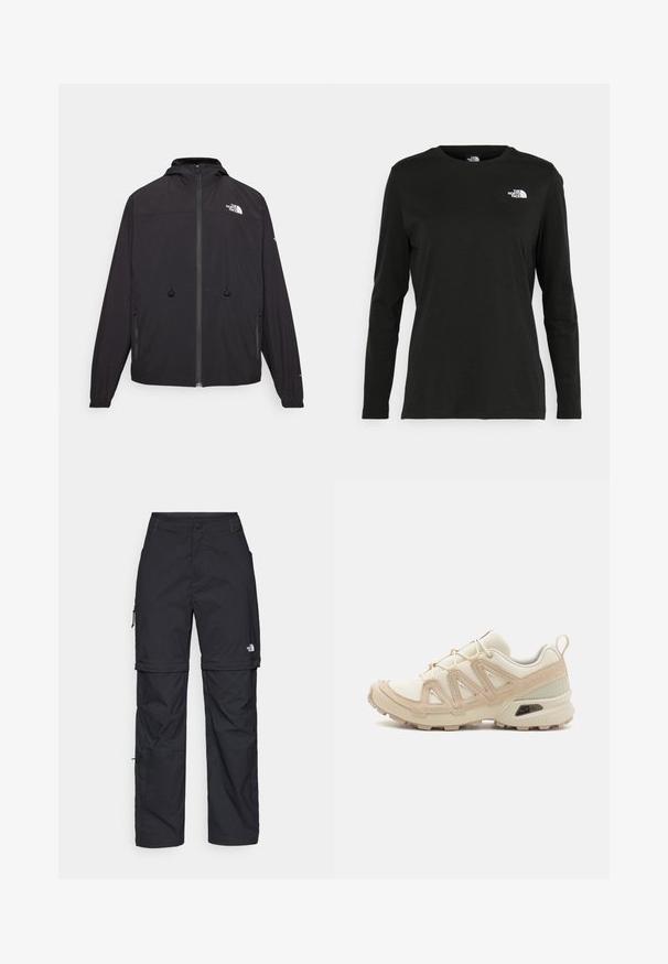 Svart lett jakke med hette, frontlås og to sidelommer. Har The North Face-logo på brystet og elastiske mansjetter.; Svart langermet T-skjorte laget av bomull med rund hals. Har en liten hvit logo på venstre brystområde. Enkelt design og passform.; Svarte nylon cargo-bukser med glidelås og justerbare mansjetter, flere lommer og en logo på høyre bein. Glatt, lett tekstur.; Beige og krem joggesko med teksturert mesh-overdel, støttende overlegg og gummisåle med et mønster for godt grep.