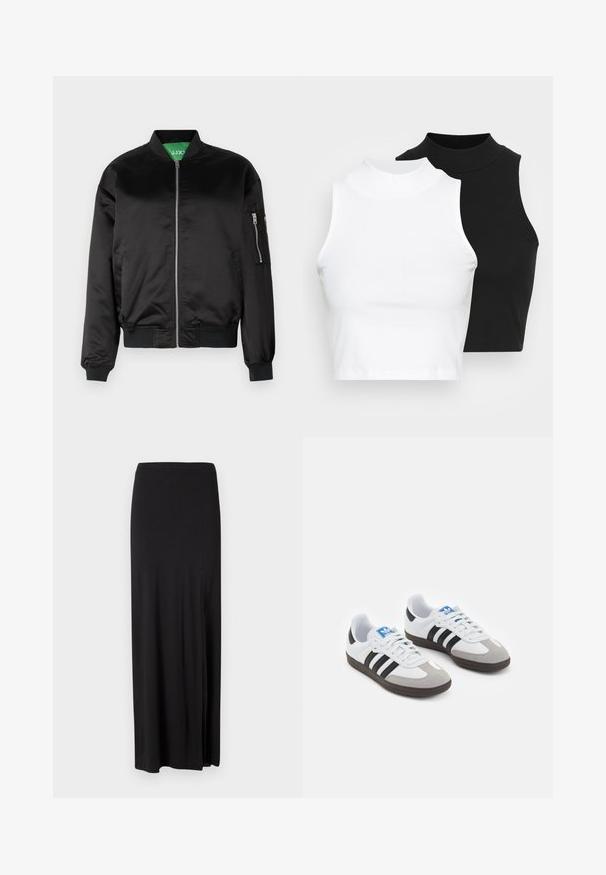 Črna bomberska jakna iz gladkega materiala, z sprednjim zadrgo, rebrastimi manšeti in žepom na levem rokavu. Zelena podloga.; Dva brezrokavniki z rebrasto turtleneck gorami v črni in beli barvi, z oblikovanim dizajnom in gladko teksturo, v skrajšani dolžini.; Črna maxi krila iz mehkega, raztegljivega materiala. Ima stranski razporek in enostaven, poenostavljen dizajn brez okrasnih elementov.; Športni čevlji z belim usnjenim zgornjim delom, sivim semišem na prstih in tremi črnimi črtami. Imajo modro logo na jeziku in teksturiran gumijast podplat.