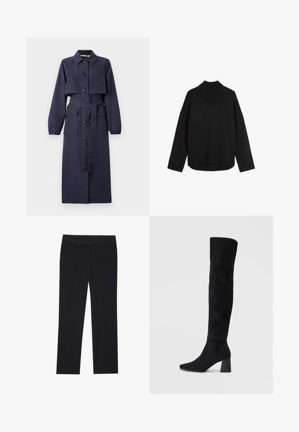 Ναυτικό μπλε παλτό με γιακά, κοντομάνικο τοπ, μακριά μανίκια, κουμπί μπροστά, ζώνη στη μέση και δύο πλαϊνές τσέπες. Λείος υφασμάτινος τύπος.; Μαύρο πλεκτό πουλόβερ με ψηλό ριμπ γιακά, χαλαρή εφαρμογή, πολύ χαμηλούς ώμους και ριμπ στρίφωμα. Μαλακή υφή, μινιμαλιστικός σχεδιασμός.; Μαύρο παντελόνι με ίσια γραμμή, με πλαινές τσέπες και λείο υφασμάτινο υλικό. Ελάχιστες λεπτομέρειες, καθαρή μέση.; Μαύρη σουέντ μπότες μέχρι το γόνατο με χοντρό τακούνι, μυτερή μύτη και λείο, χωρίς ραφές σχέδιο, σε απλό ανοιχτό φόντο.