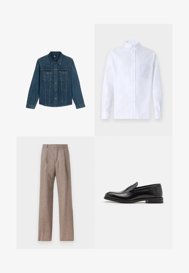 Chaqueta de denim azul oscuro con cuello, cierre frontal de botones, dos bolsillos en el pecho y costuras detalladas a lo largo de las costuras.; Camisa blanca de manga larga y botonadura frontal, hecha de algodón, con un bolsillo en el pecho con bordado tonal, cuello y puños con botones.; Pantalones marrones de cintura alta hechos de una tela texturizada. Presentan piernas anchas y dos pliegues frontales para dar estructura. Acabado limpio sin hardware visible.; Mocasines de cuero negro con una textura suave, puntera redondeada y una tira decorativa en el empeine. Tacón bajo apilado, diseño minimalista.