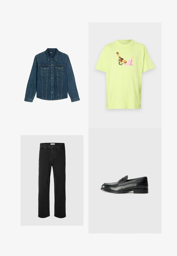 Giacca di denim blu scuro con colletto, chiusura frontale con bottoni, due tasche sul petto e dettagli cuciti lungo le cuciture.; T-shirt di cotone verde lime con grafica di un uccello e un cono gelato rosa, dotata di colletto tondo semplice e maniche corte.; I jeans in denim nero a gamba dritta presentano un classico design a cinque tasche con chiusura a bottone, cuciture minime e una texture morbida.; Mocassini in pelle nera con finitura liscia, dettagli cuciti sulla parte superiore e tacco leggermente rialzato.