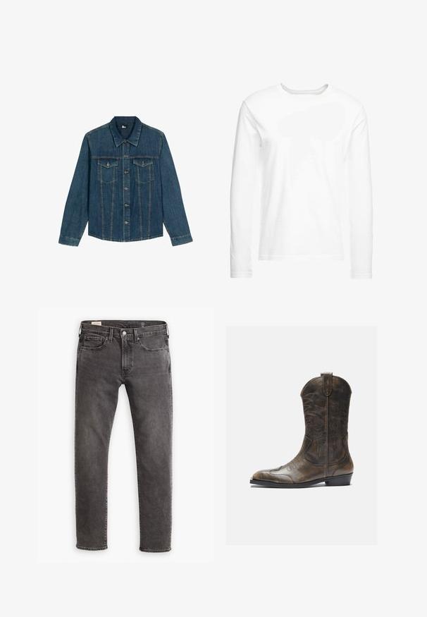 Ciemnoniebieska kurtka dżinsowa z kołnierzykiem, zapięciem na guziki z przodu, dwiema kieszeniami na piersiach oraz przeszyciami wzdłuż szwów.; Biała koszulka z długim rękawem, wykonana z miękkiej bawełny. Okrągły dekolt, proste brzegi, bez widocznych wzorów czy grafik.; Szare dżinsy z prostym krojem, pięcioma kieszeniami i zapięciem na guzik. Posiadają delikatne przetarcia oraz tonalne przeszycia.; Brązowy skórzany kowbojski but z wysoką cholewką, spiczastym noskiem, skomplikowanymi wzorami haftu i małym obcasem. Teksturalne wykończenie na całej powierzchni.