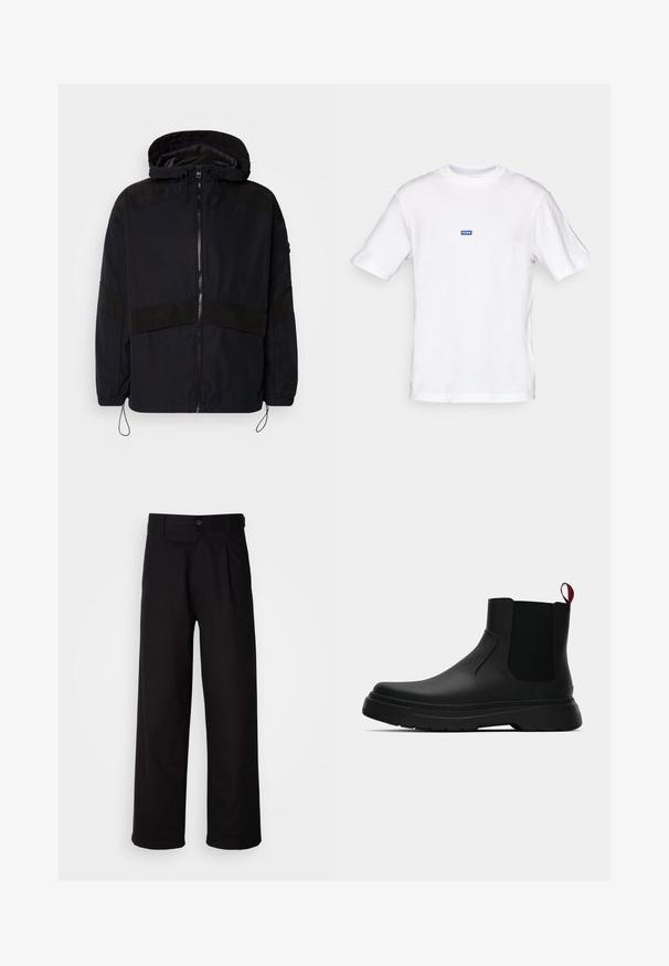 Casaco preto com capuz, apresentando um fecho de correr e texturas mate contrastantes nos ombros e no peito. Cordão ajustável na parte inferior.; T-shirt de algodão branco com mangas curtas, decote redondo e um pequeno rótulo azul "HUGO" no peito superior. Textura suave, ajuste clássico.; Calças pretas feitas de tecido suave, apresentando um design de perna reta, pregas frontais e um fecho com um único botão na cintura.; Botim preto até ao tornozelo com um acabamento liso, painéis laterais elásticos e uma pega vermelha em contraste, com uma sola de borracha espessa e bico arredondado.