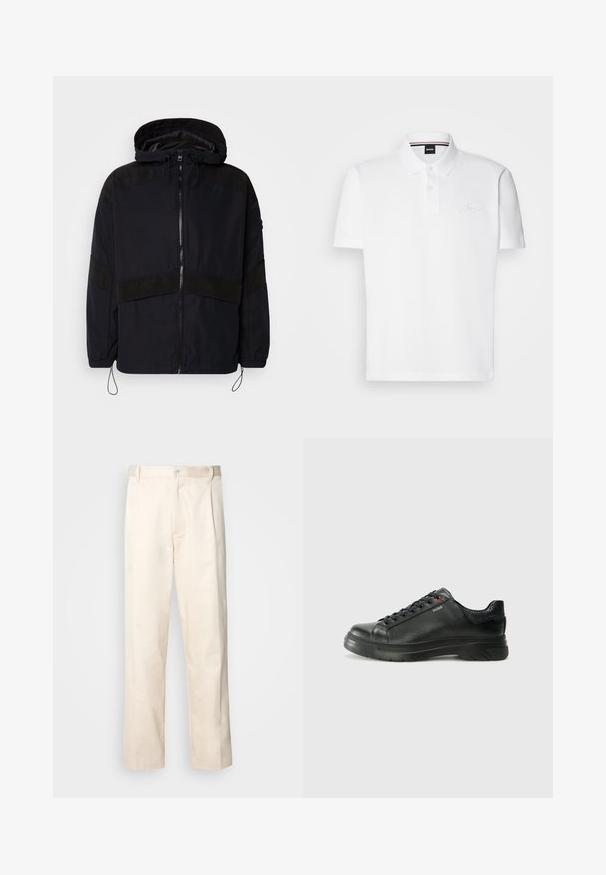 Juodas džemperis su kapišonu, turintis užtrauktuko užsidarymą ir kontrastingas matinės tekstūros detales pečių ir krūtinės srityse. Reguliuojama raištelių sistema apačioje.; Balta polo marškinėliai pagaminti iš medvilnės ir poliesterio mišinio, su apykakle, dviejų mygtukų uždarymu ir subtiliu siuvinėtu logotipu ant krūtinės.; Bežinės medvilninės kelnės su tiesiu kirpimu, turinčios mygtuko uždarymą ir priekyje raukšles papildomai dekoratyviam akcentui.; Juodos odinės sportinės bateliai su tekstūruota viršutine dalimi, paminkštinta apykakle ir raudonu logotipo akcentu. Yra storas guminis padas su išskirtiniu protektoriaus raštu.