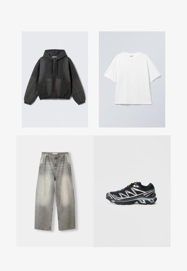 Čierna ležérna mikina na zips s kapucňou, so šnúrkami, prednými vreckami, elastickými manžetami a lemom, vystavená na jednoduchom bielom pozadí.; Biely bavlnený tričko s okrúhlym výstrihom a krátkymi rukávmi. Uvoľnený strih bez viditeľných vzorov alebo akcentov. Hladká textúra.; Džínsy s širokým nohavím v svetlej sivej farbe. Vlastnosti zahŕňajú vybledlý vzhľad, päť vreciek a zapínanie na gombík. Materiál je mäkká denim.; Čierna bežecká obuv so striebornými akcentmi, materiál GORE-TEX, textúrovaná podrážka a farebné šnúrky. Obsahuje polstrovanú pätu pre podporu.