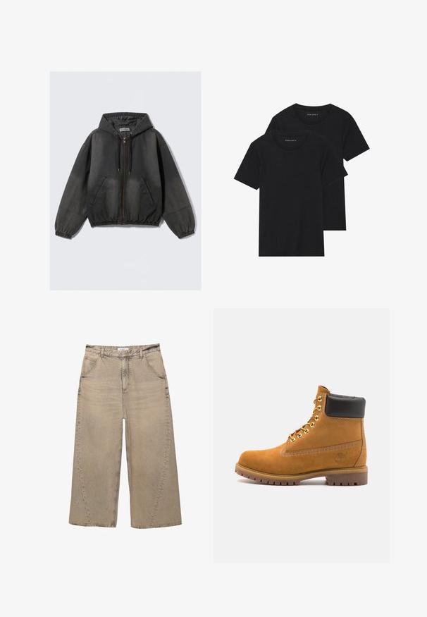 Černá volnočasová mikina na zip s kapucí, plochými kapsami vepředu, elastickými manžetami a lemem, vystavená na čistém bílém pozadí.; Dvě černé bavlněné tričko s krátkým rukávem, kulatým výstřihem a hladkou texturou, vystavené naskládané k sobě.; PULL&BEAR MEGA BAGGY - Baggy džíny - light grey; Hnědé semišové kotníkové boty s černým polstrovaným límcem, zlatými kovovými očky, bílým prošíváním a odolnou gumovou podrážkou s výraznými drážkami.